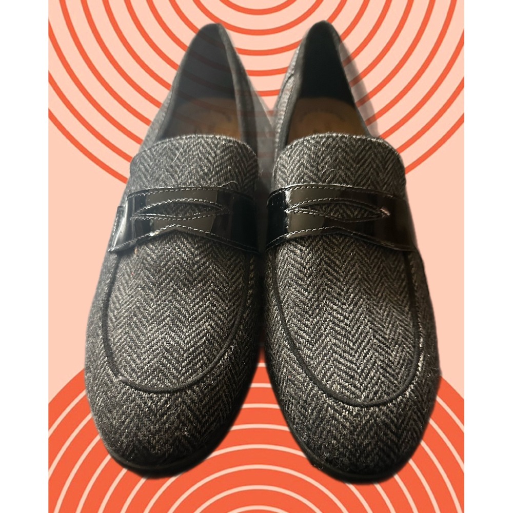 Clarks Trish Rose‎ Black Grey Herringbone Penny Loafers Patent Trim Womens 10M